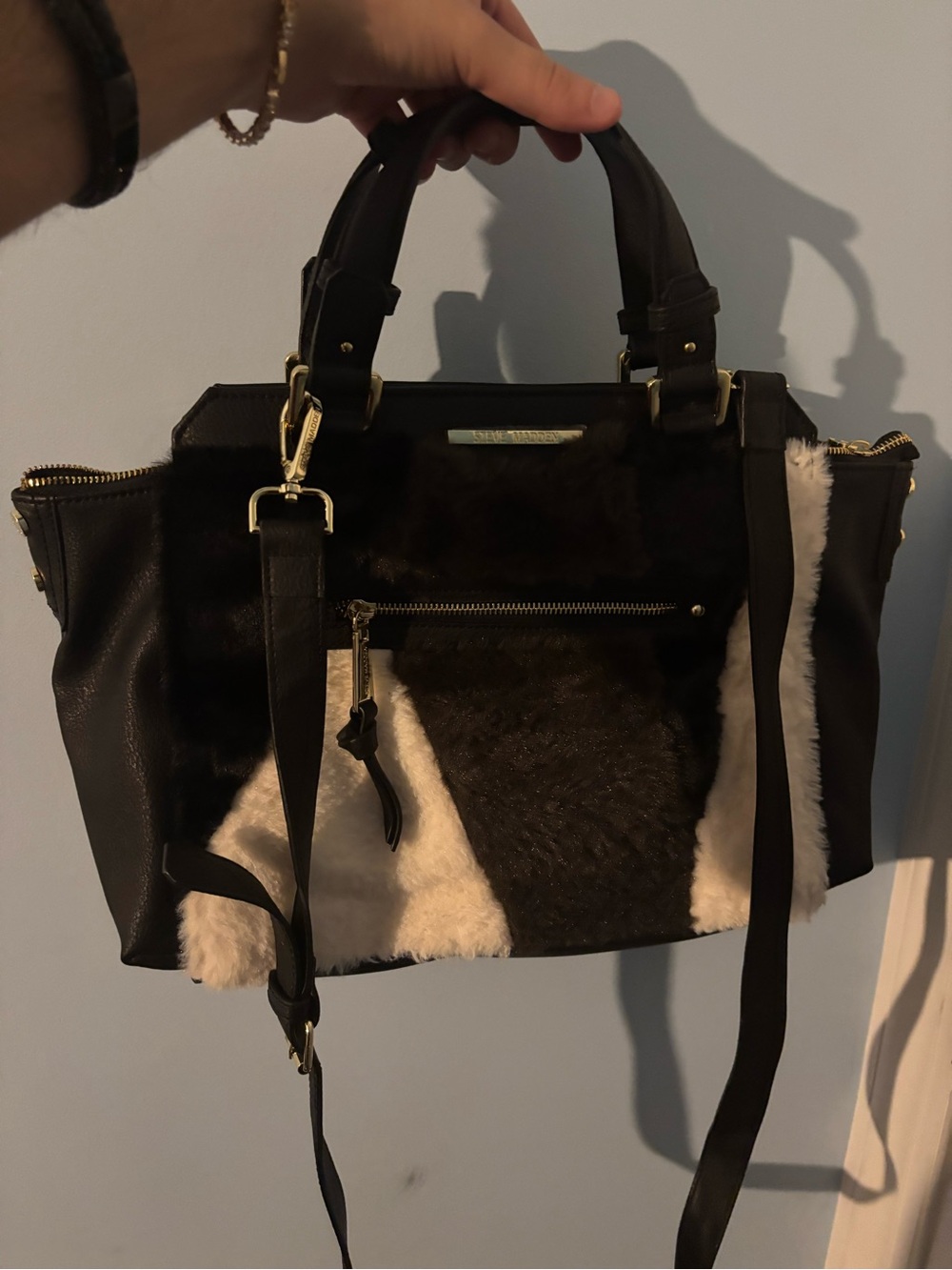 Black and White Fur-Trim Satchel Handbag Steve Madden